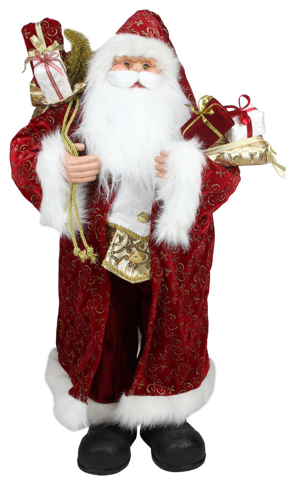 32" Standing Santa Claus in Long Red and Gold Robe with Gifts Christmas Figure