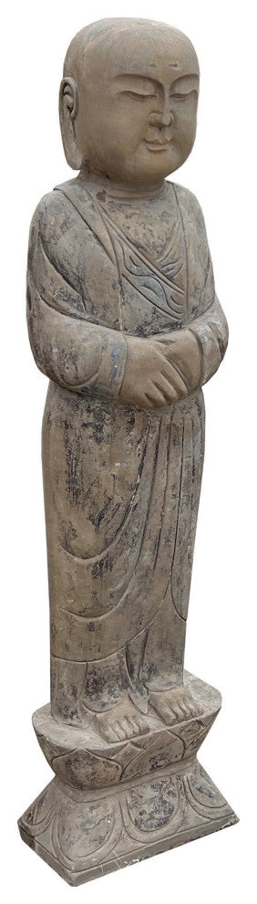 Pair Chinese Stone Carved Standing Zen Garden Monk Lohon Statues Hcs7645