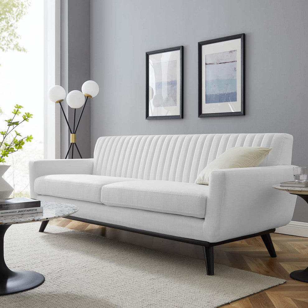 Tufted Sofa, Fabric, White, Modern, Living Lounge Room Hotel Lobby Hospitality