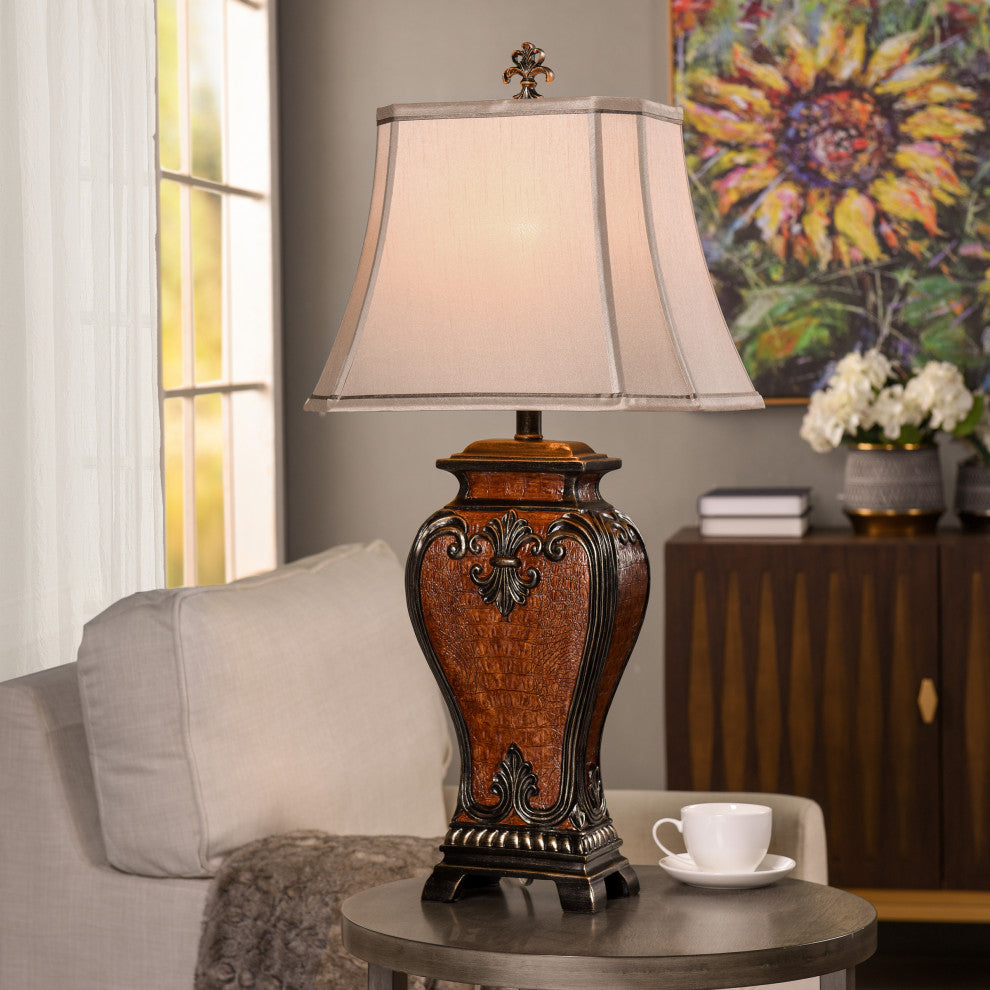 Dundee Table Lamp Faux Crocodile Hide and Gold Highlighted Finish, Cream Fabric