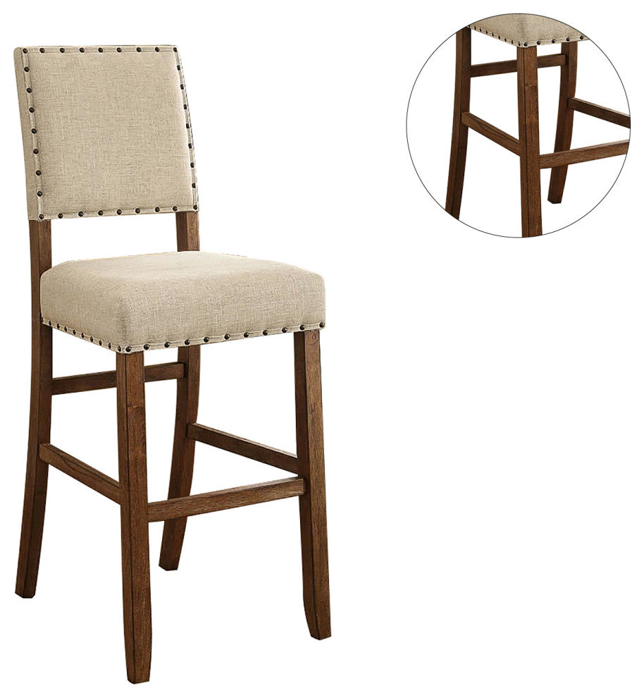 Set of 2 Fabric Upholstered Bar Chair, Beige and Rustic Oak