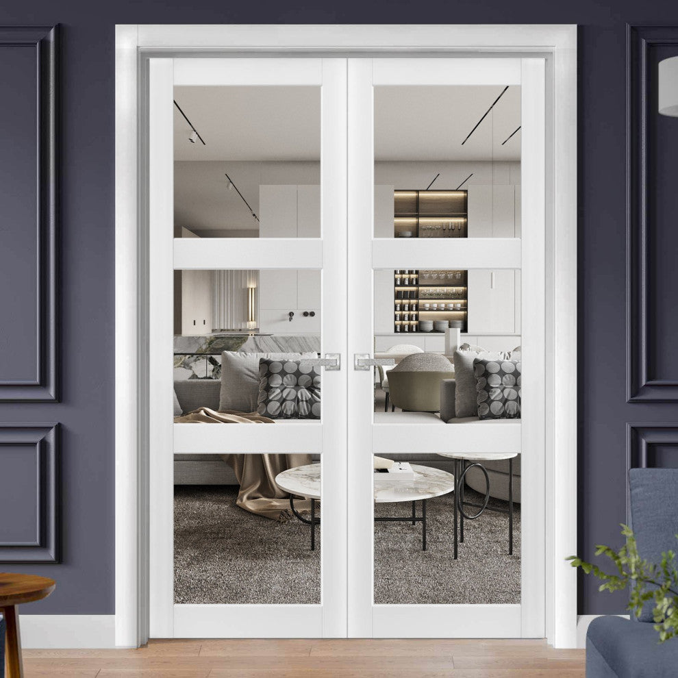 Interior French Double Doors Clear Glass 3 Lites|Lucia 2555 White Silk -60x80