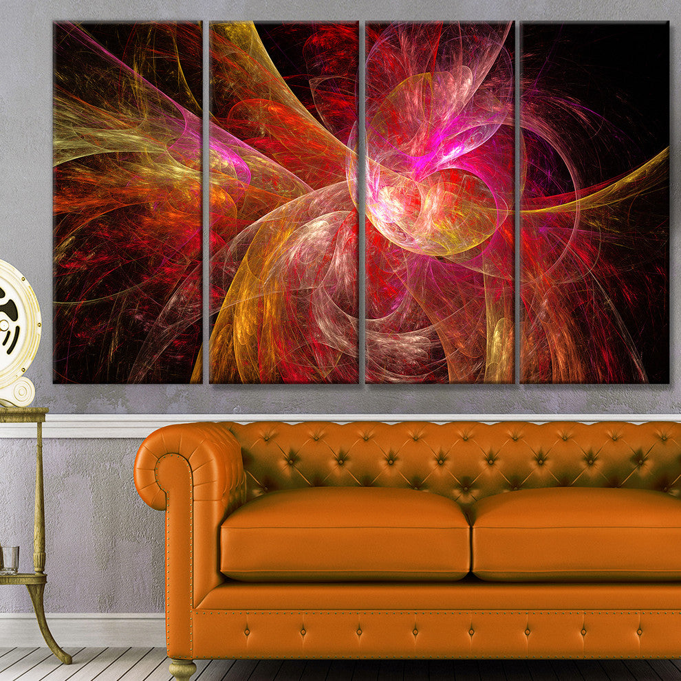 Pink on Black Fractal Illustration, Abstract Canvas Art Print, 48"x28", 4 Panels