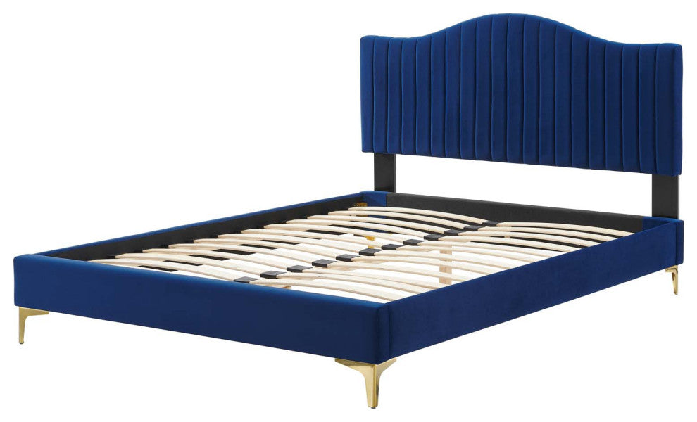 Tufted Platform Bed Frame, Full Size, Velvet, Blue Navy, Modern Contemporary