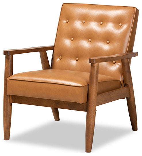 MCM Tan Faux Leather Upholstered and Walnut Brown Finished Wood Lounge Chair