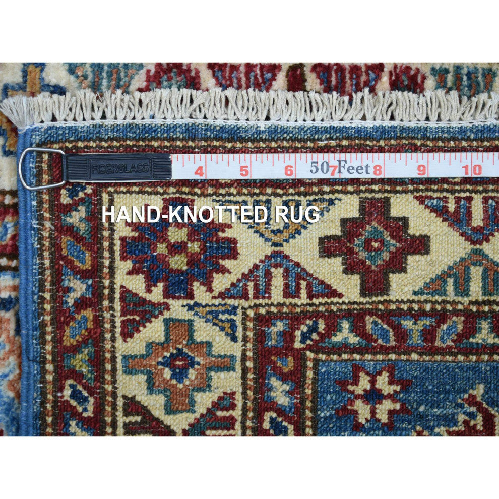 Blue Pure Wool Hand Knotted Geometric Caucasian Super Kazak Mat Rug, 2'1"x2'10"