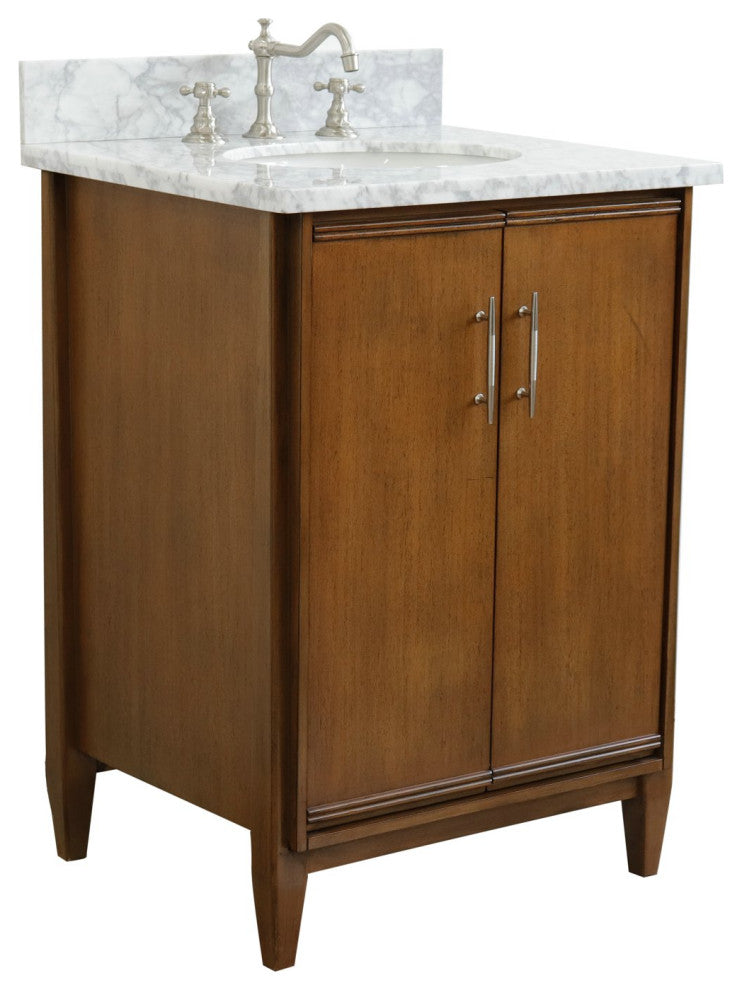 25" Single Sink Vanity, Walnut Finish, White Carrara Marble and Oval Sink