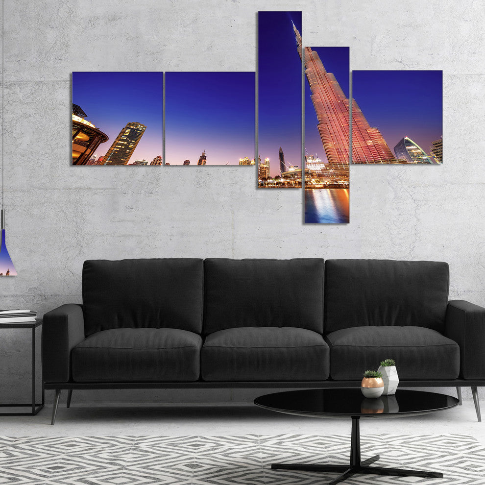 Burj Khalifa Night Landscape, Cityscape Canvas Art Print, 60"x32", 5 panels