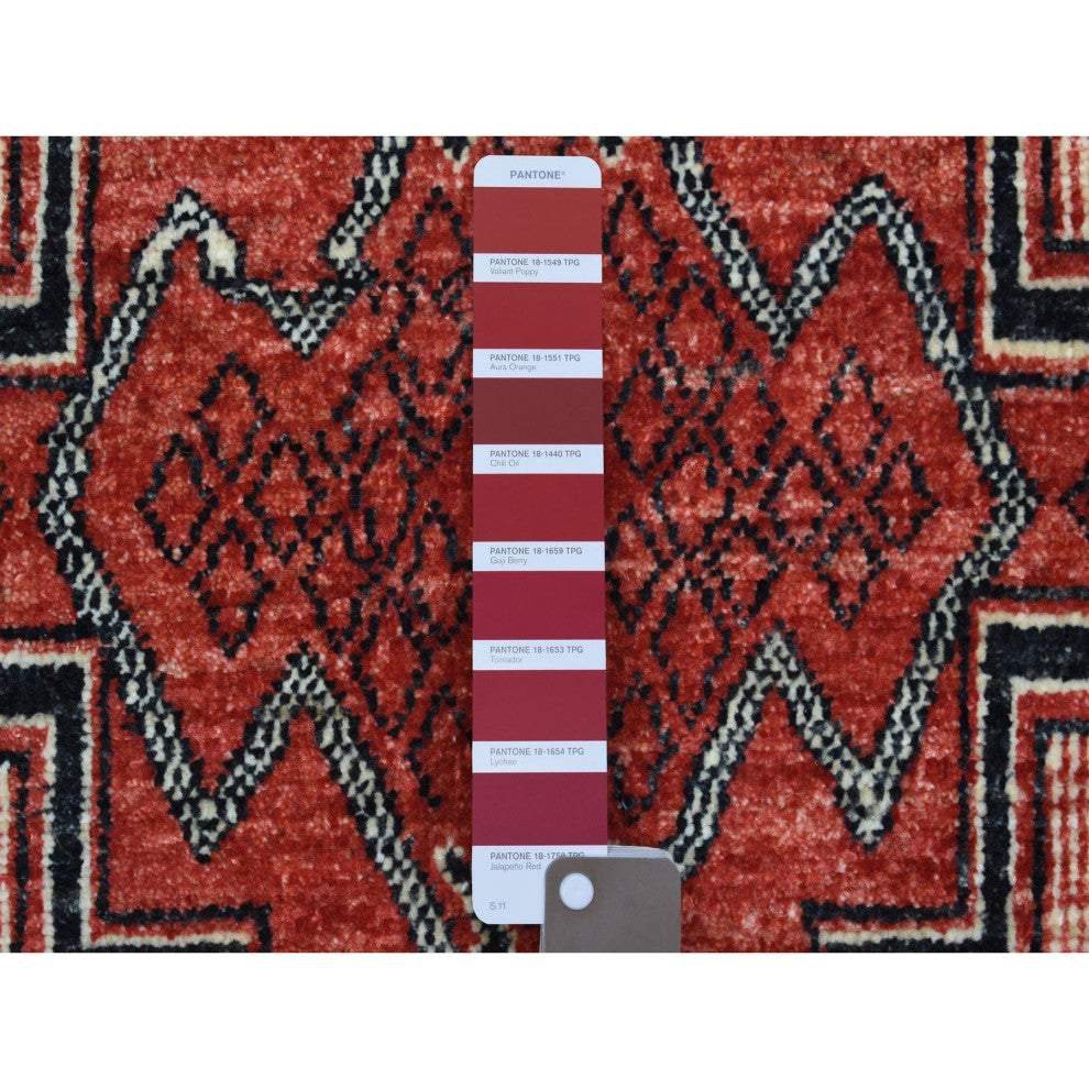Red Peshawar Berber Motifs Pop of Color Pure Wool Hand Knotted Rug, 5'10"x8'10"