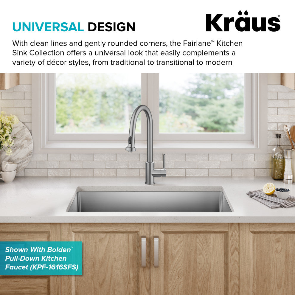 KRAUS Fairlane 33" Undermount 1-Bowl 18 Gauge Stainless Steel Kitchen Sink