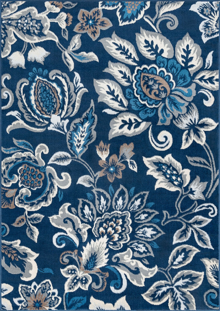 Stella Traditional Floral Dark Blue Rectangle Area Rug, 5'x7'