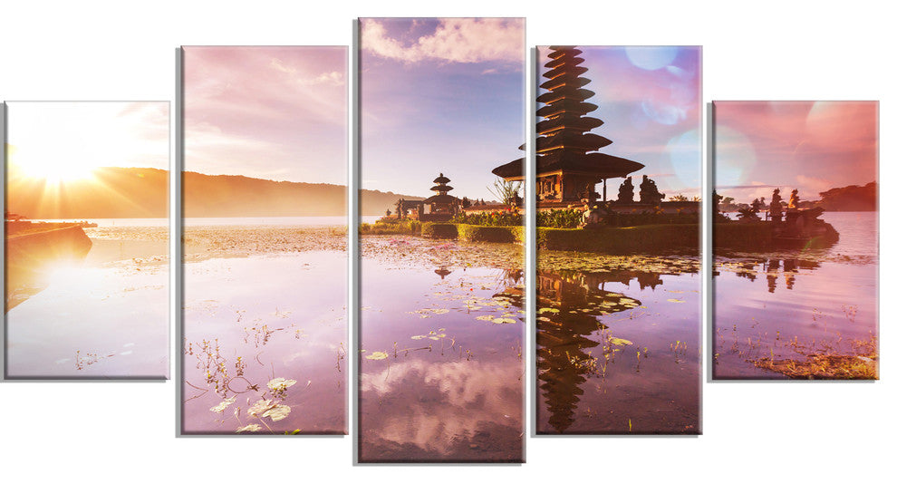 Beautiful Ulun Danu Temple, Oversized Landscape Canvas Art, 60"x32", 5 Panels