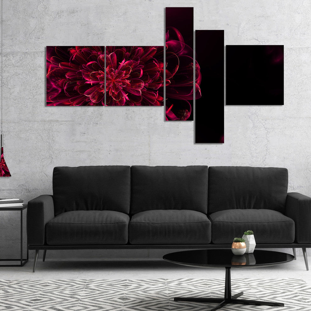 Large Red Alien Fractal Flower, Red, Floral Art Canvas Print, 60"x32", 5 panels