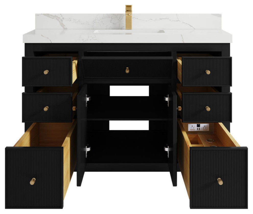 Sonoma 48 Single Sink Reeded Bath Vanity in Black 2" Calacatta Laza