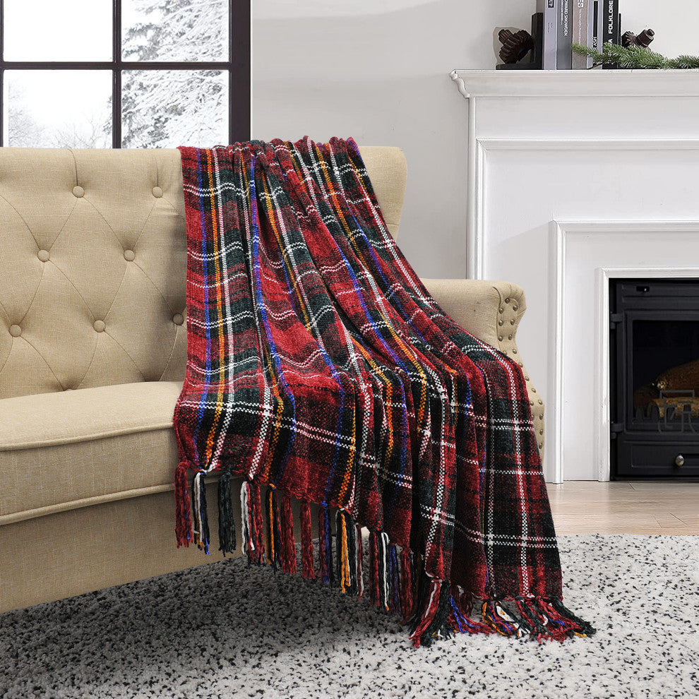 Multi-Color Crystal Chenille Throw Blanket, Red/Green/White Plaid, 60"x80"