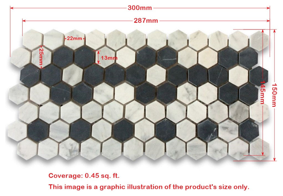 Carrara White Marble Hexagon Mosaic Border Flower Tile Polished 1", 1 sheet