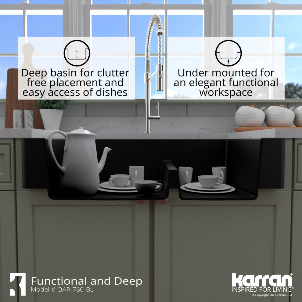 Karran Retrofit Farmhouse Quartz 34" Double Offset Bowl Sink, Black