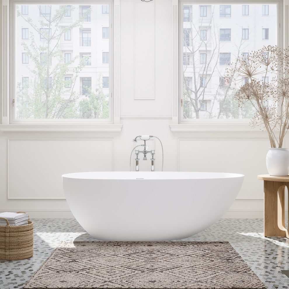 Giotto Flatbottom Freestanding Solid Surface Soaking Bathtub, Matte White, 67inch