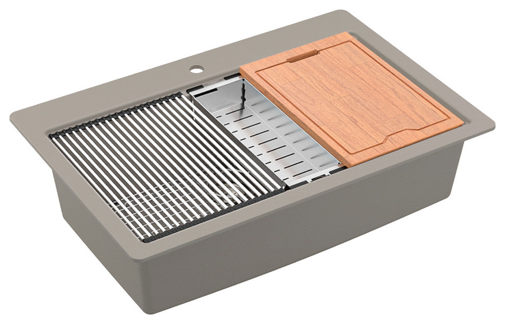 Karran Top Mount 33" Single Bowl Quartz Workstation Kitchen Sink, Concrete