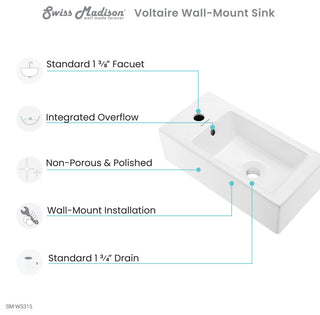 Voltaire 19.5"x10" Ceramic Wall Hung Sink With Faucet Mount, Left Side