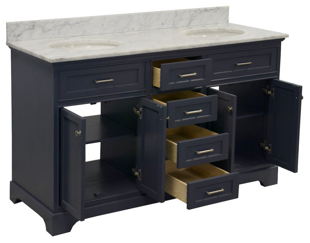 Aria 60" Bathroom Vanity, Marine Gray, Carrara Marble, Double Vanity