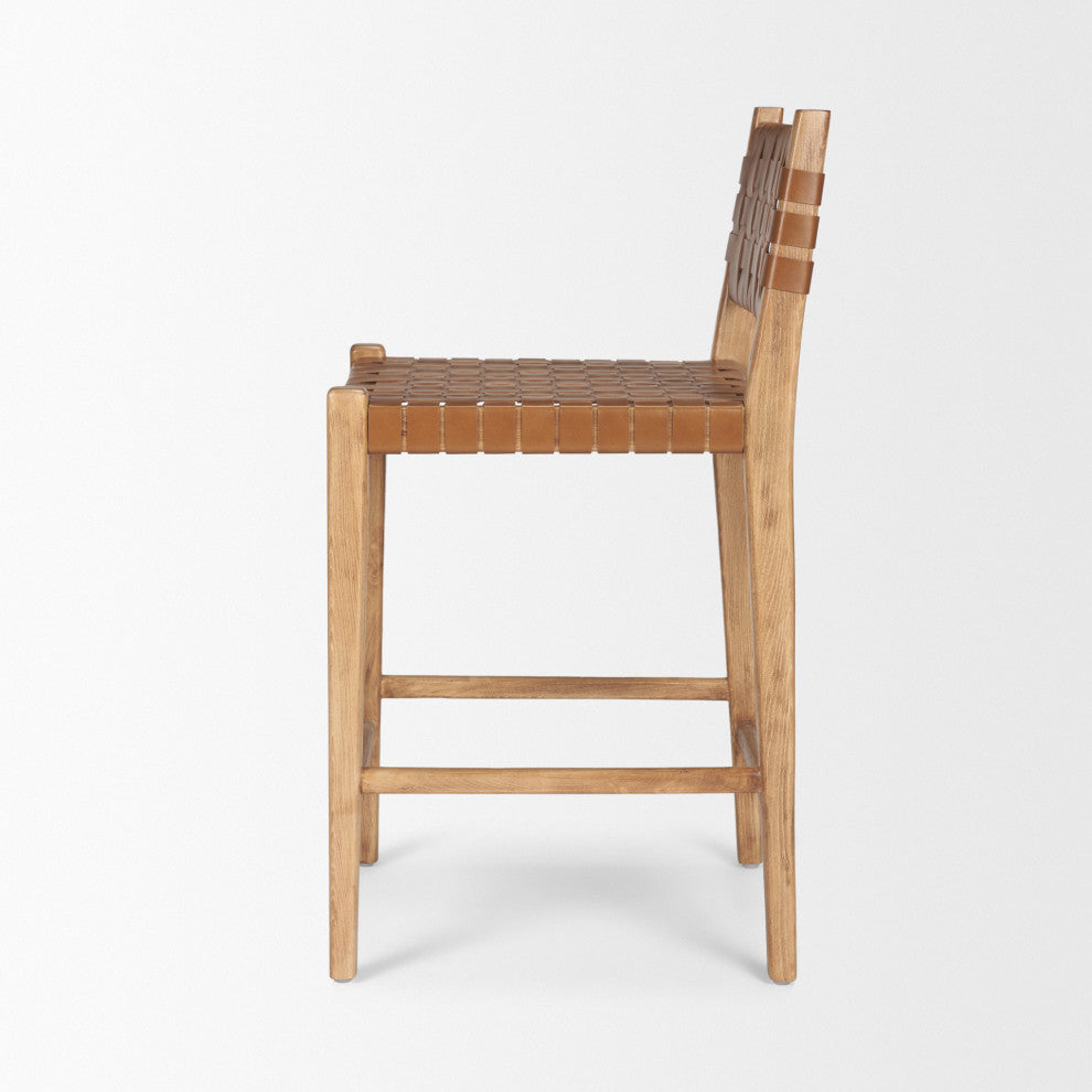 Shane Brown Wood With Woven Brown Leather Counter Stool