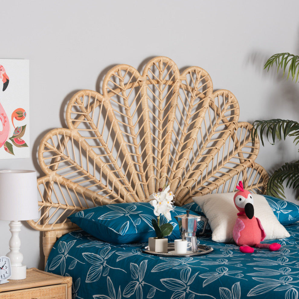 Variel Modern Bohemian Natural Brown Rattan Queen Size Standalone Headboard
