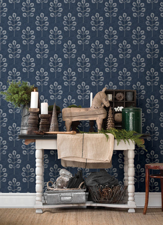 Plum Tree Dark Blue Botanical Wallpaper, Swatch