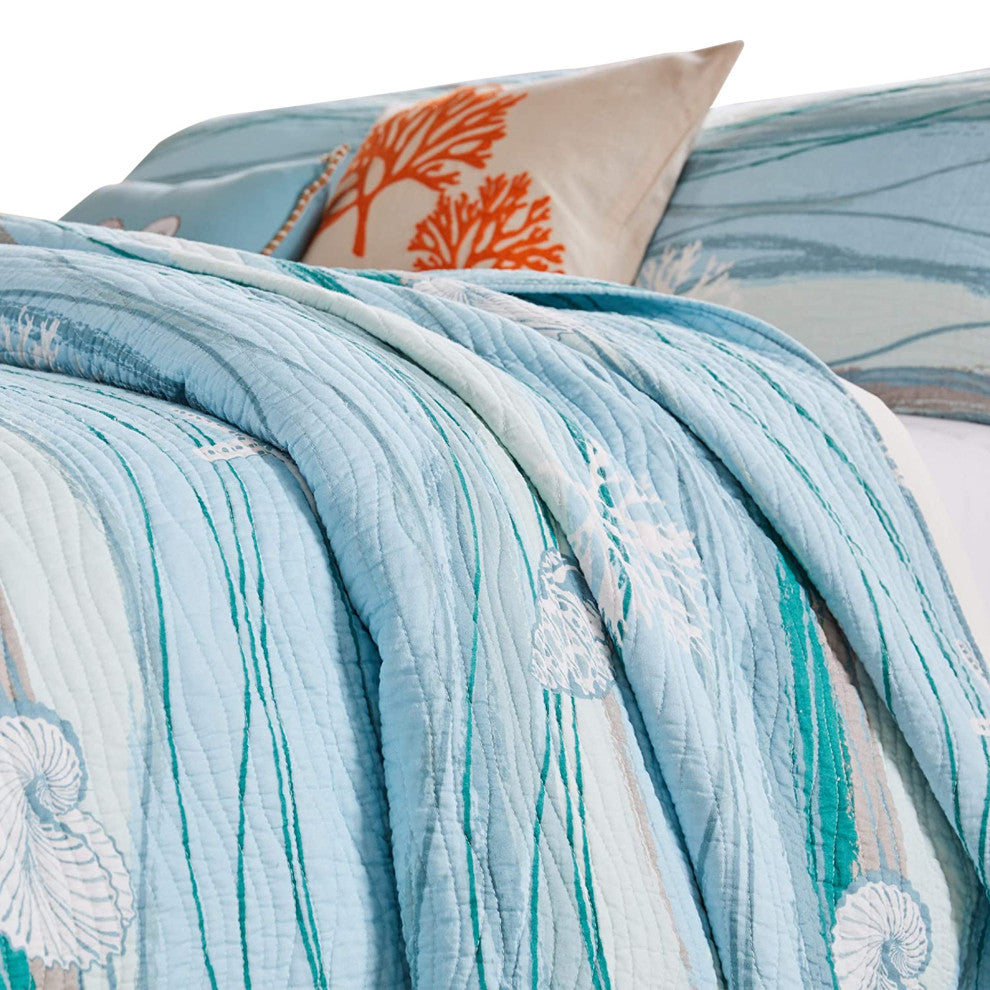 Benzara BM101969 4 Piece Twin Size Fabric Quilt Set With Coastal Prints, Blue