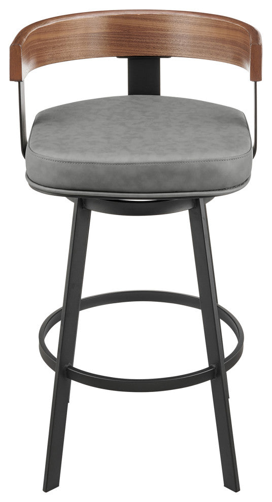 Idris Swivel Stool, Black/Walnut Finish & Gray Faux Leather, Counter, 26"