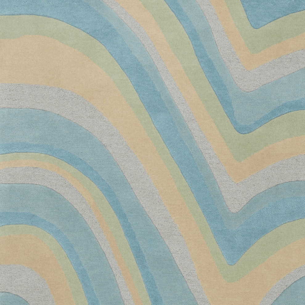 5'X8' Ocean Blue Beige Hand Tufted Abstract Waves Indoor Area Rug