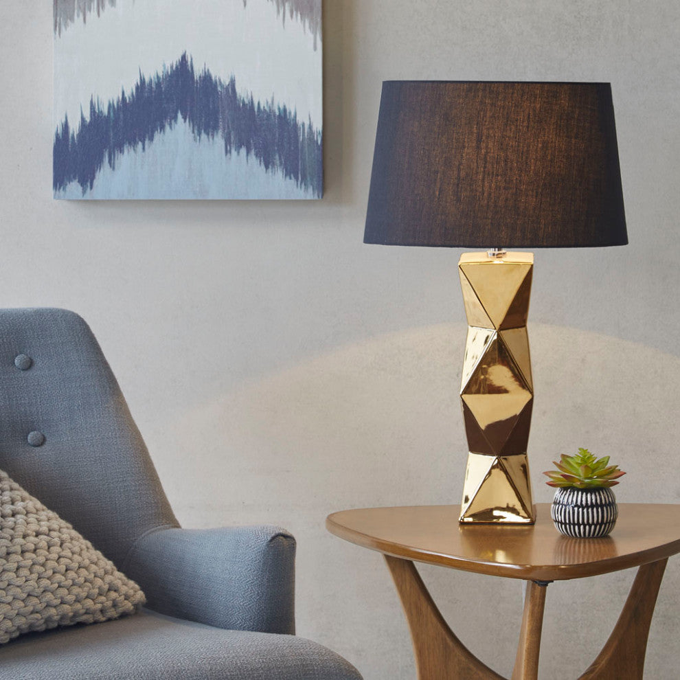 INK+IVY Kenlyn Geometric Ceramic Table Lamp, White, Gold