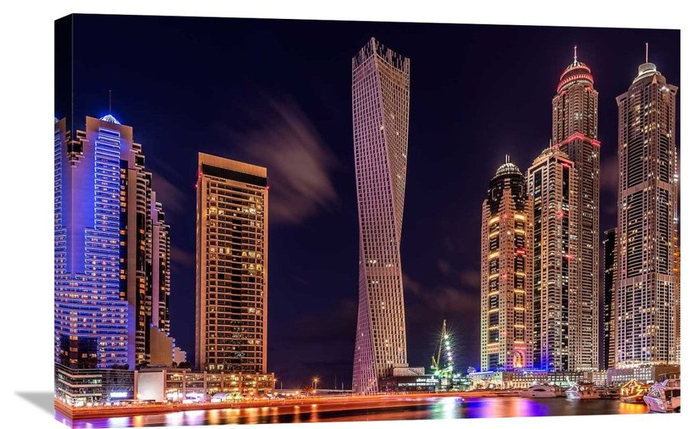 "Dubai Marina Night Shot" Stretched Canvas Giclee by Vinaya Mohan, 30"x20"