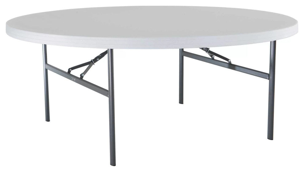 Folding Table, Sturdy Metal Legs & Round Plastic Top With White Granite Finish