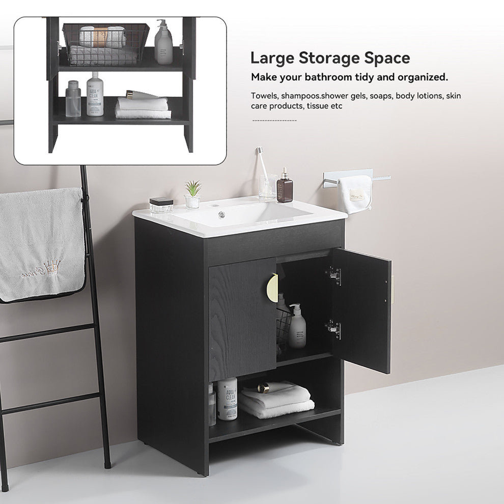 Plywood Freestanding Bath Vanity Set, Integrated Ceramic Sink, Black, 24" X 18"