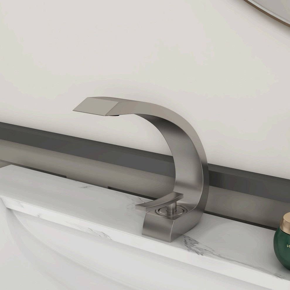 Single Hole 1-Handle Bathroom Sink Faucet Curved Spout with Pop Up Drain, Brushed Nickel