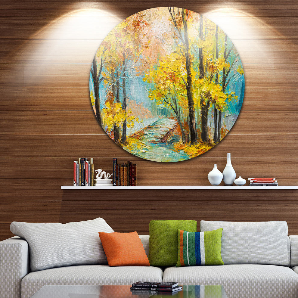 Yellow Falling Forest, Landscape Large Disc Metal Wall Art, 23"