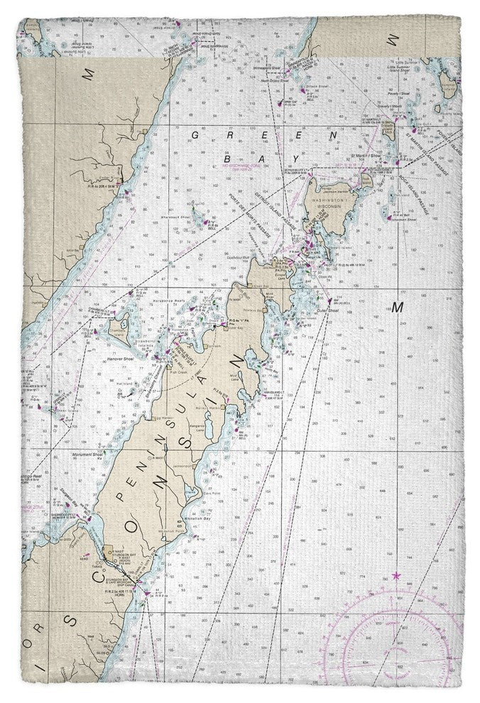 Door County, Green Bay, WI Nautical Map Kitchen Towel