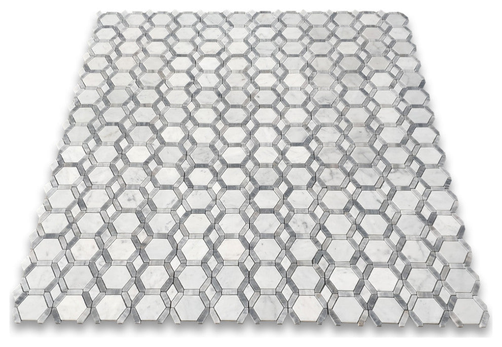 Carrara White Bardiglio Gray Marble Hollywood Hexagon Tile Honed, 1 sheet