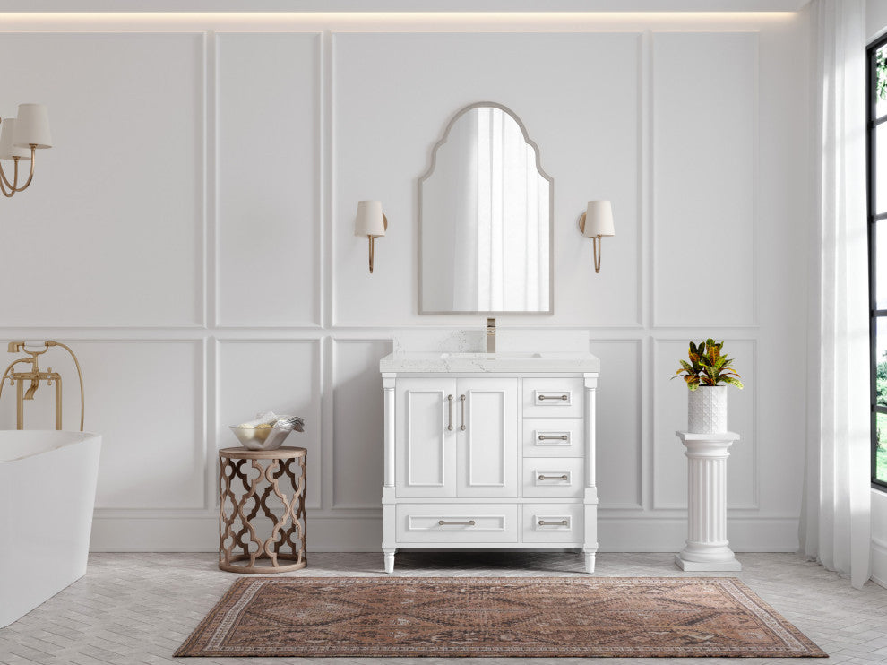 Aberdeen 36 Center Sink Bath Vanity in White 2" Empira Quartz