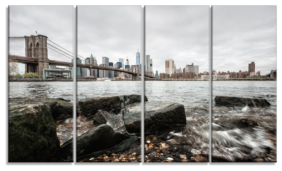 Brooklyn Bridge with Rocks on Shore, Cityscape Canvas Print, 48"x28", 4 Panels