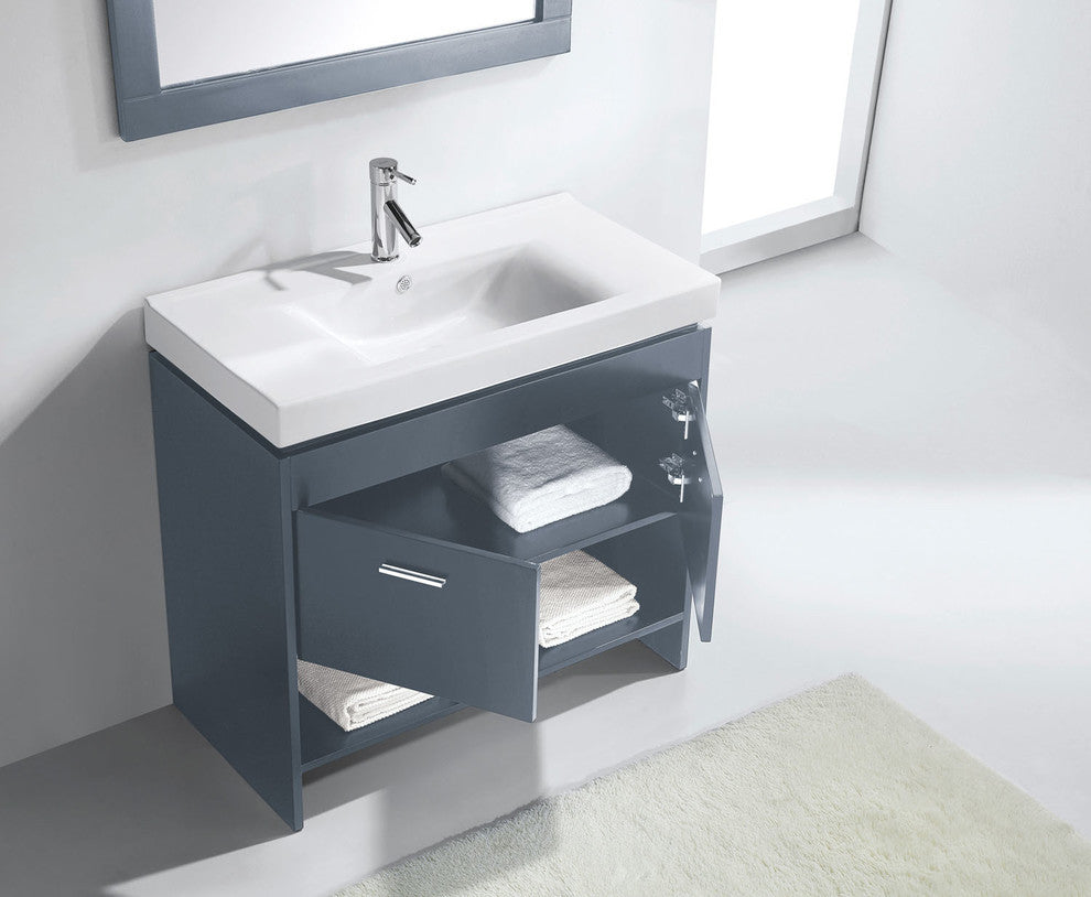 Virtu Gloria 36" Single Bathroom Vanity, Gray, Polished Chrome Faucet, Mirror