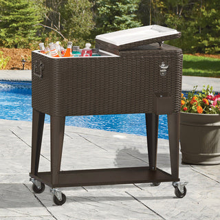 80 Quart Outdoor Rolling Cooler/Beverage Cart, Brown Wicker