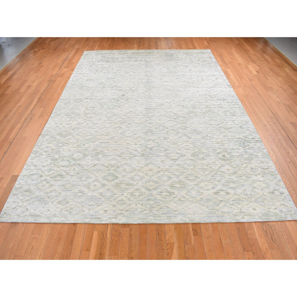 Ivory Pure Silk With Textured Wool Fluffy Collection Hand Knotted Rug 9'10"x14'