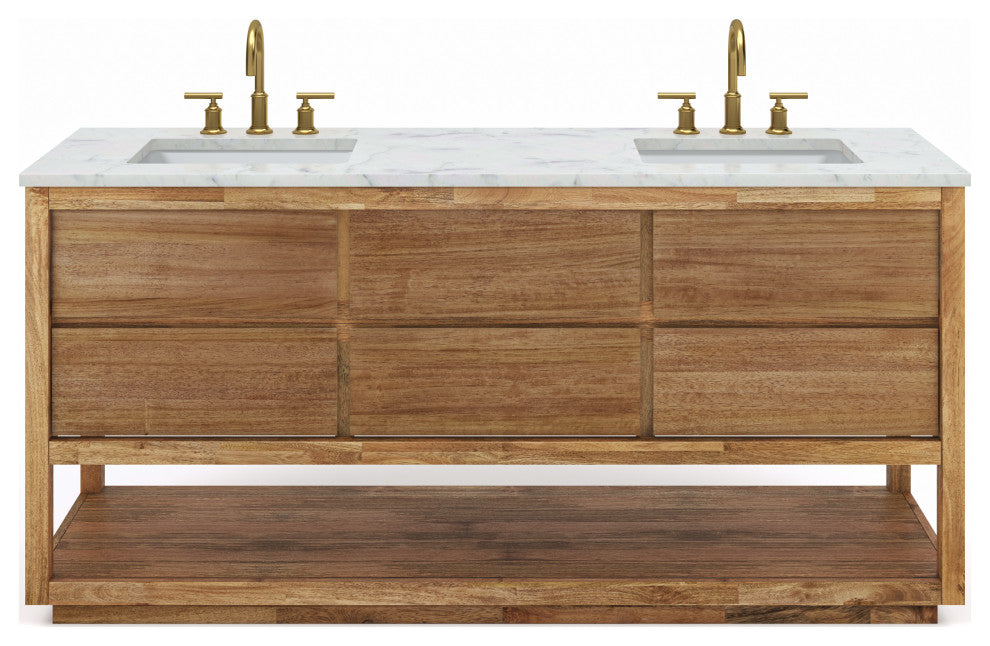 Oakman Marble Top Vanity in Mango Wood with Faucet, 72, Vanity With Satin Gold Faucet