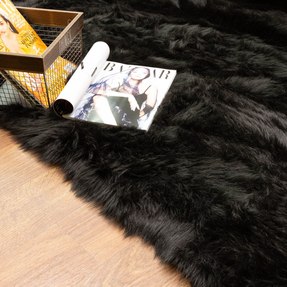 Plush and Soft Faux Sheepskin Fur Shag Area Rug, Black, 3' X 5'