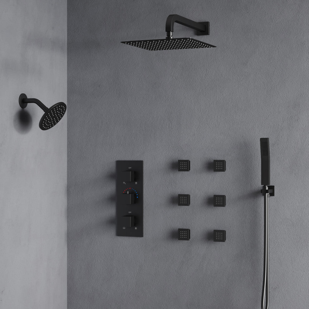 Dual Heads 12" Rain Shower System With 3 Way Thermostatic Faucet,Body Jets, Matte Black
