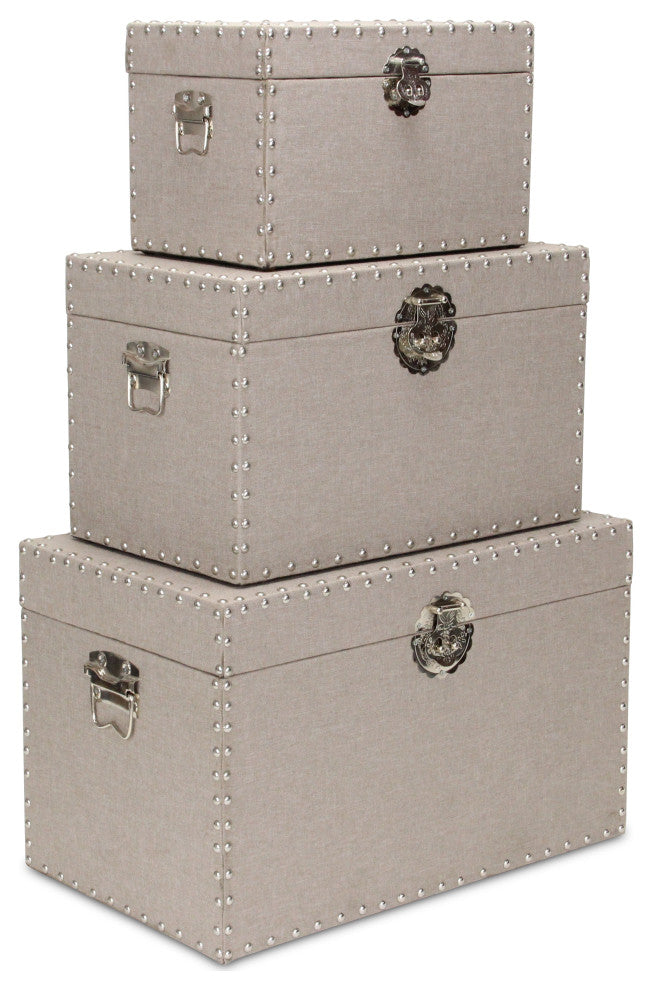 Set Of 3 Linen Trunk With Metal Studs