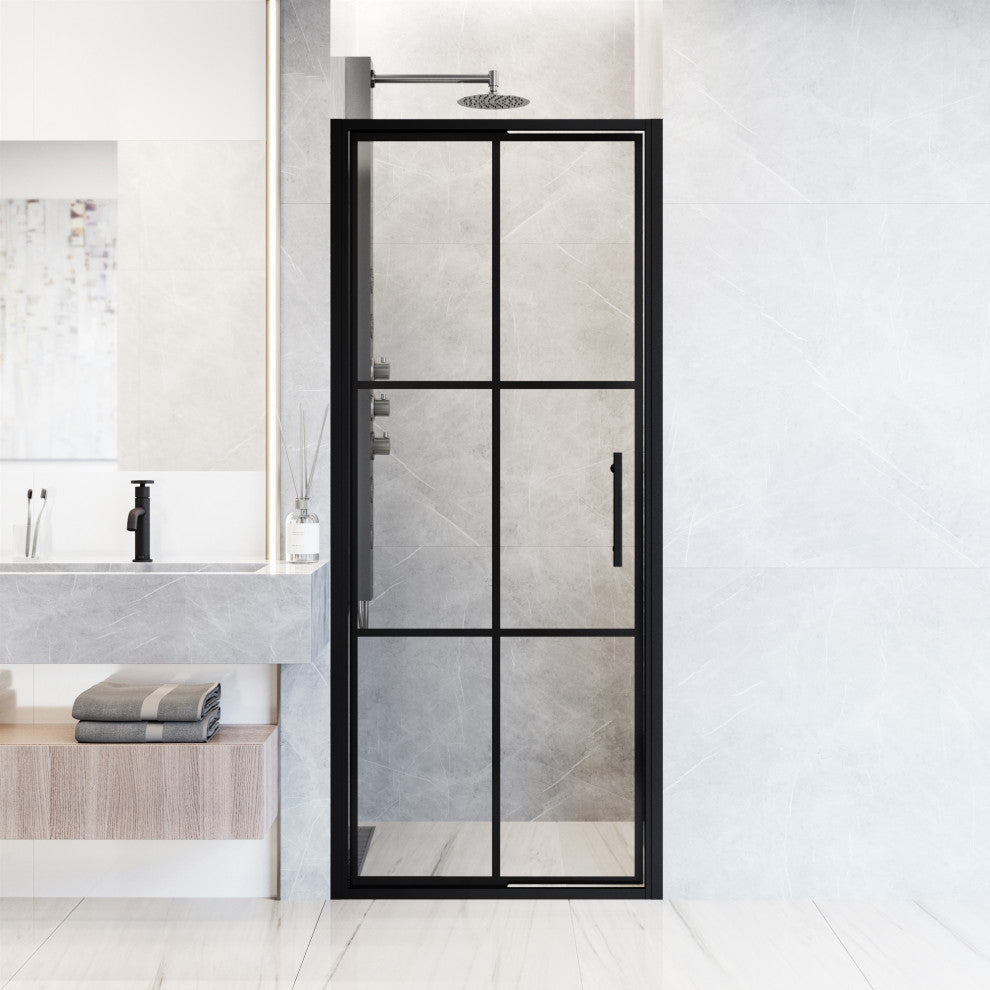 VIGO Astoria Framed Pivot Shower Door, Matte Black, 32" W X 76" H, Clear Glass