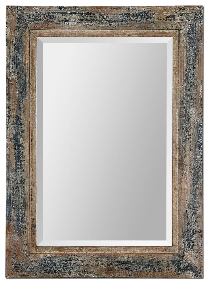 38" Distressed Dark Blue Wood Wall Mirror, Cottage Vanity Slate Vintage Style